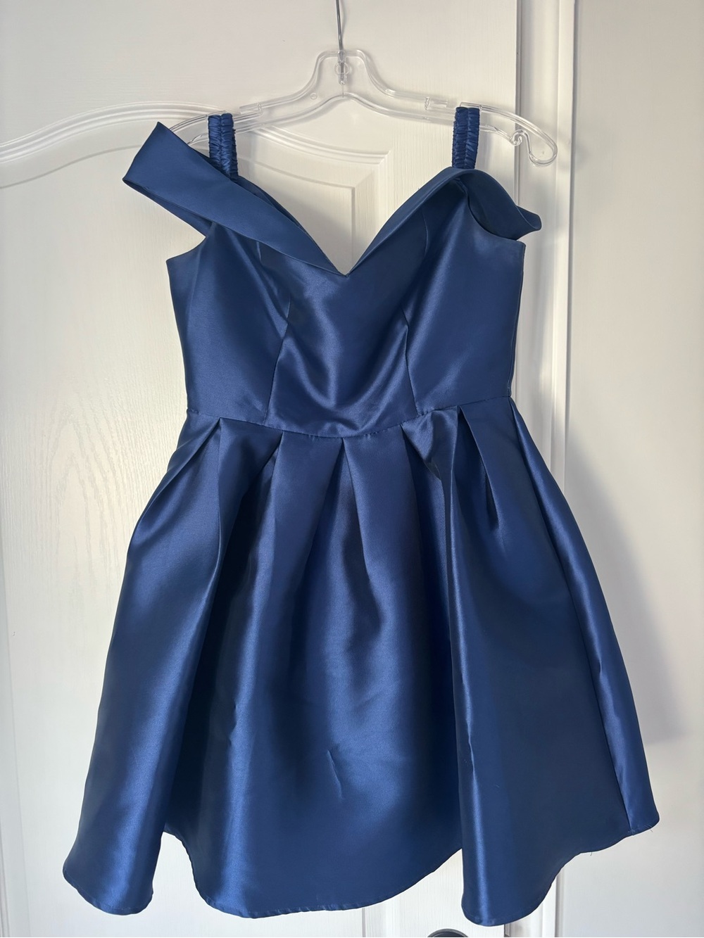 Satin Off-Shoulder Party Dress in Navy